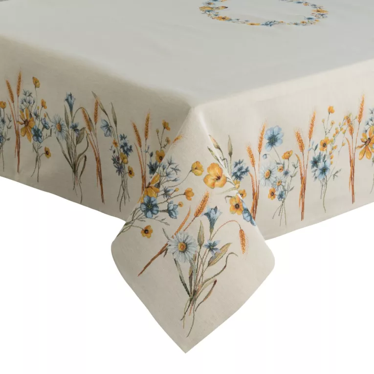 Obrus naturalno, jasnoniebieski 140x180 cm z grubszej tkaniny gobelinowej z nicią szenilową z motywem polnych kwiatów