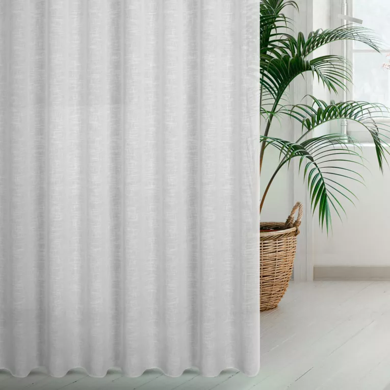 Zasłona szyta na taśmie fala biała z matowej luźnotkanej tkaniny z efektem melanżu, wykończona obciążnikiem