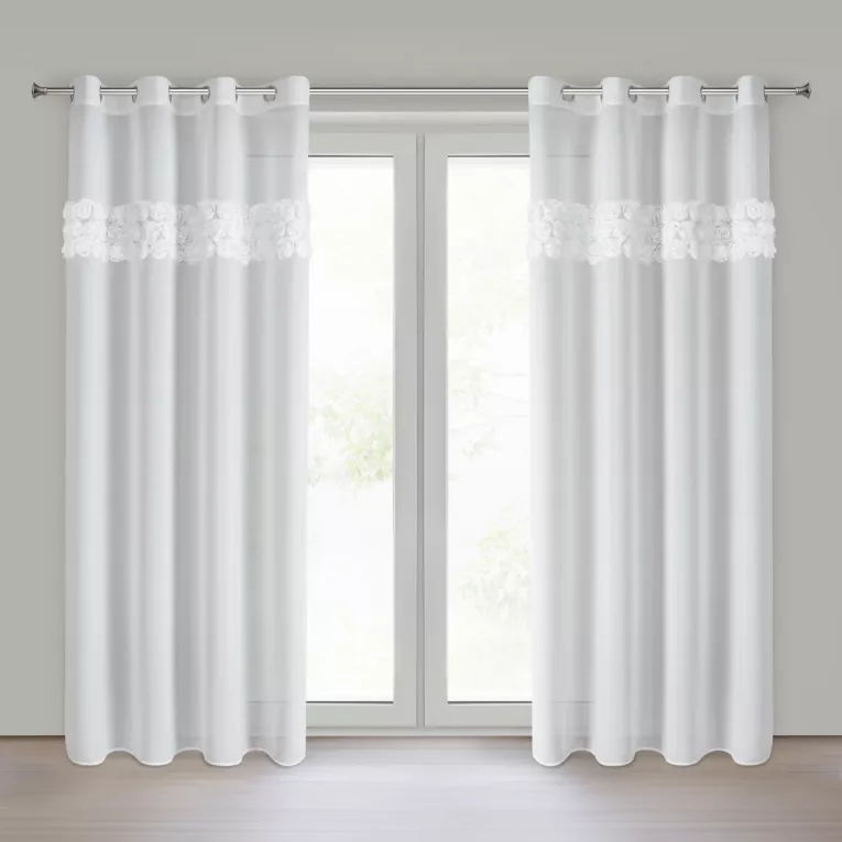 Firana biała z szyfonu zdobiona aplikacją 3D w róże 140x250 cm przelotki - ROSES8 - Eva Minge Eurofirany