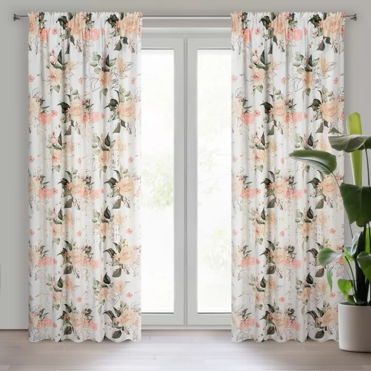 Zasłona biało, różowa w piękne róże, zaciemniająca 135x270 taśma ROSE Eurofirany
