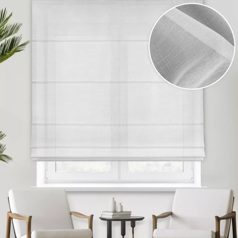 Roleta rzymska biała z tkaniny o naturalnym splocie, typu ETAMINA, wykończonej obciążnikiem