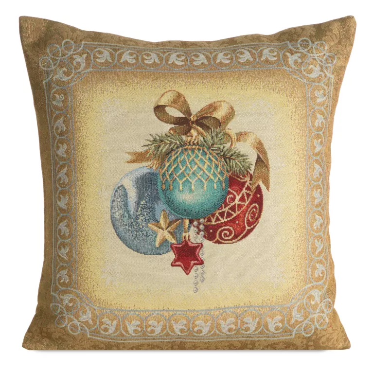 Poszewka na poduszkę 45x45 cm bawełniana, świąteczna gobelinowa z mieszanki włókien z motywem bombek złoto, błękitna GOB Eurofirany