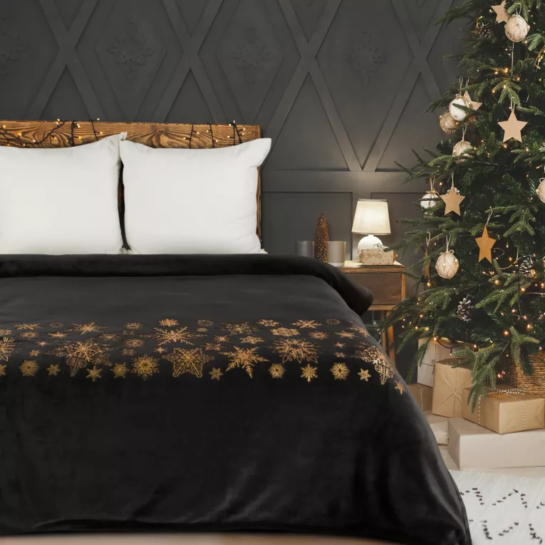 Koc  150x200 cm czarno, złoty świąteczny zdobiony gwiazdkami ASTRA Eurofirany