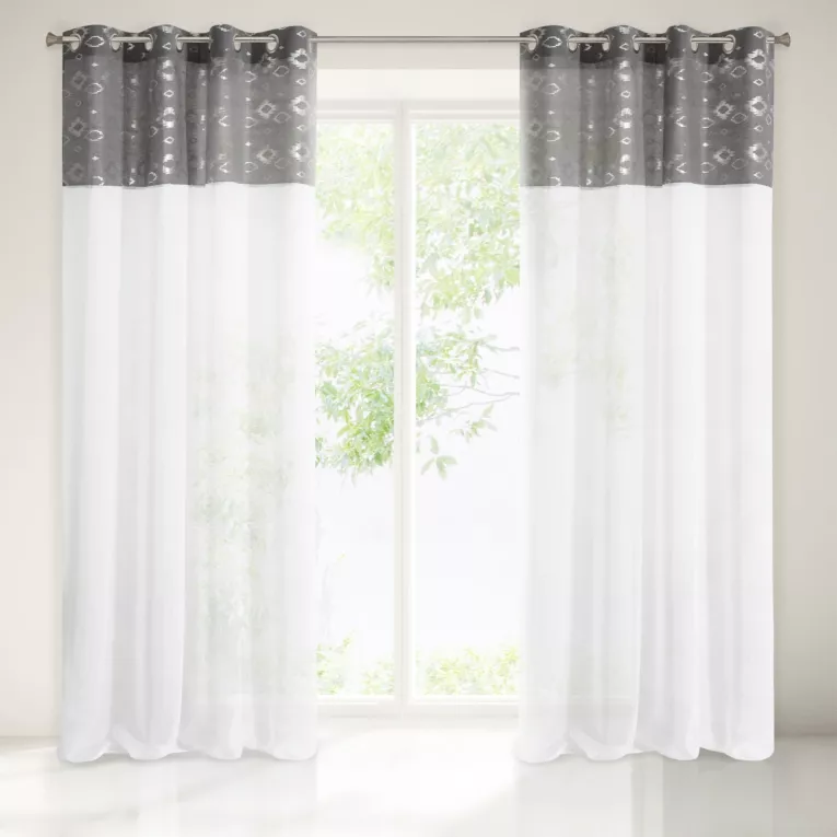 Zasłona zwiewna z dekoracyjnym szarym pasem 140x250 cm przelotki