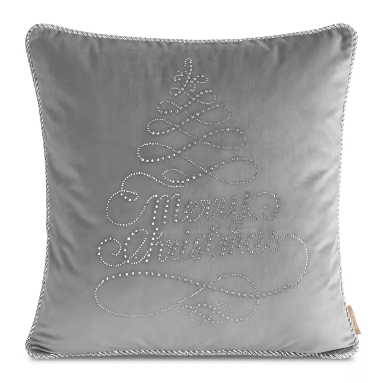 Poszewka na poduszkę 45x45 cm welwetowa z srebrnymi kryształkami tworzącymi wzór choinki i ozdobnym sznurem stalowa Eurofirany