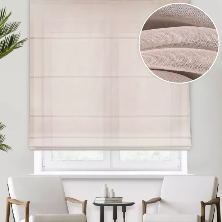 Roleta rzymska pudrowo różowa z cienkiej matowej etaminy, wykończona obciążnikiem
