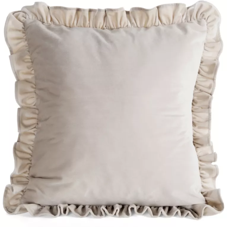Poszewka na poduszkę 60x60 cm z aksamitnego welwetu zdobiona na brzegach falbanami beżowa BRENDA EUROFIRANY PREMIUM