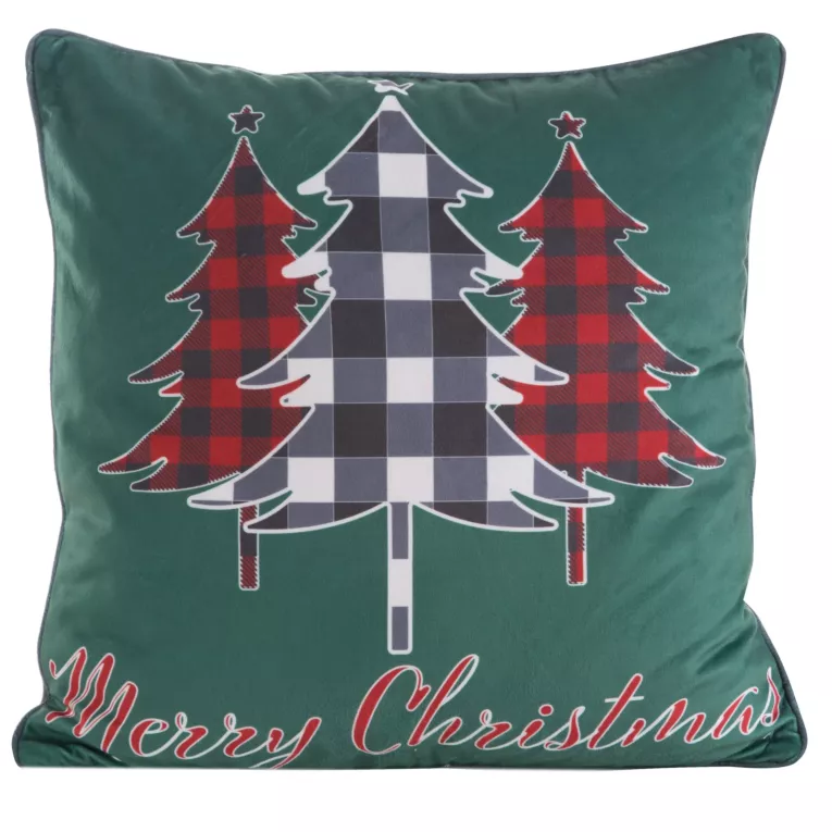 Poszewka na poduszkę 45x45 cm welwetowa zdobiona uroczym motywem świątecznym ciemnozielono, czerwona Eurofirany