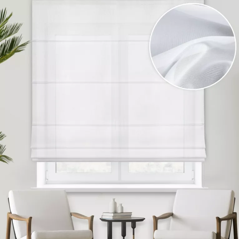 Roleta rzymska GENEVA biała z delikatnej w dotyku, gęsto tkanej, matowej krepy, wykończona obciążnikiem