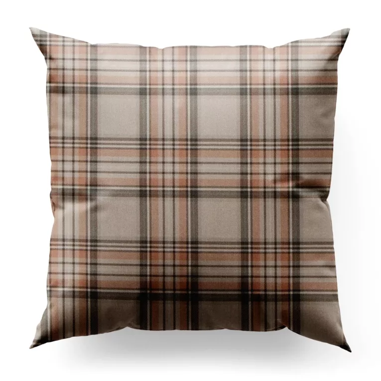 Poszewka szyta ceglasta z tkaniny z dodatkiem bawełny i nici metalicznej, o wzorze w kratę, zawiera 20% bawełny