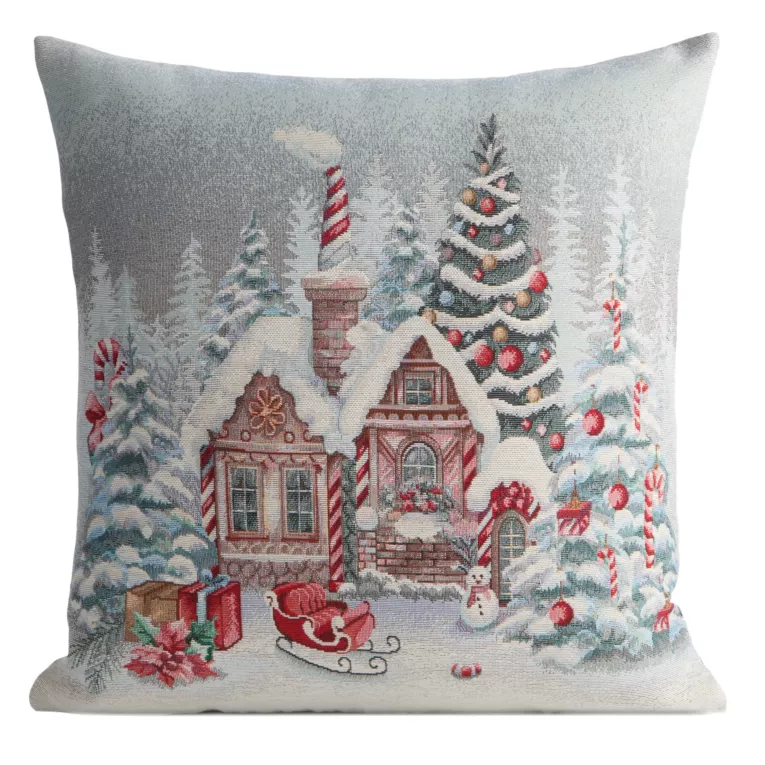 Poszewka na poduszkę świąteczna 45x45 gobelinowa popielato, czerwona zdobiona nadrukiem chatki z piernika