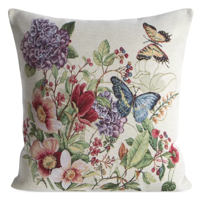 Poszewka na poduszkę 45x45 cm bawełniana, gobelinowa zdobiona kolorowym nadrukiem letnich polnych kwiatów naturalno, czerwona SPRING Eurofirany