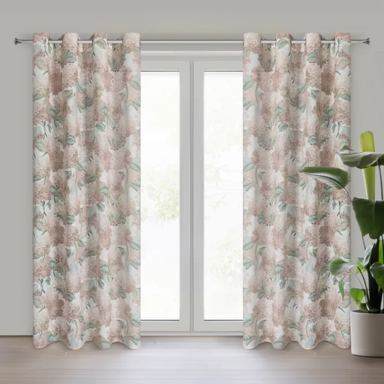 Zasłona naturalno, beżowa z wzorem kwiatów z dodatkiem lnu 140x250 cm przelotka DEMI Eurofirany