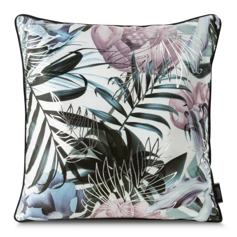 Poszewka na poduszkę 45x45 cm welwetowa zdobiona wzorem w egzotyczne liście z wypustką na brzegach biało, srebrna MALIBU Eurofirany