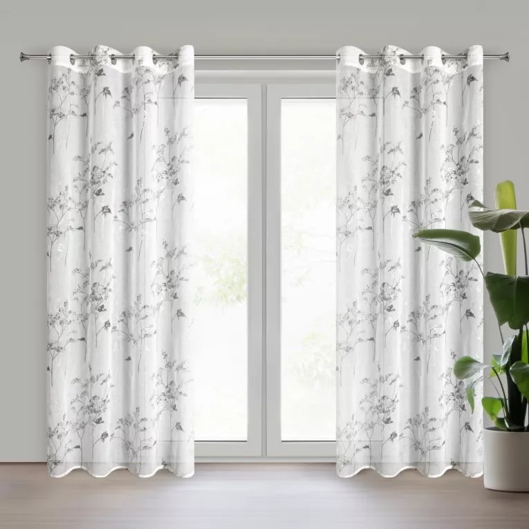 Zasłona biało, srebrna z nadrukiem roślinnym z etaminy 140x250 cm przelotka SERMA Eurofirany