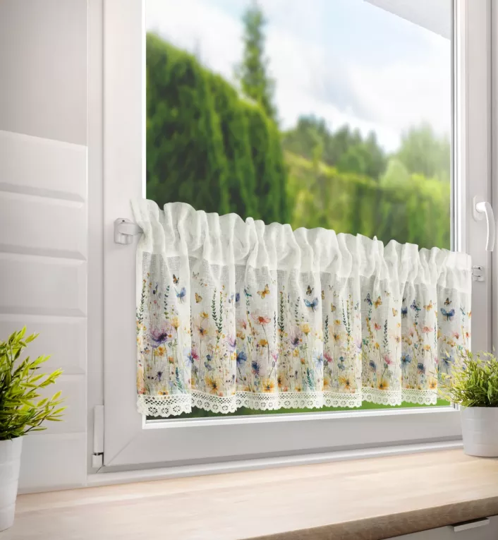 Zazdrostka biało, żółta  z etaminy zdobiona nadrukiem kwiatów i koronką 150x30 cm tunel ROZALIE Eurofirany