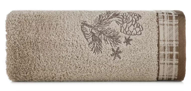 Ręcznik kąpielowy świąteczny 70x140 cm bawełniany kolor jasnobeżowy z żakardową bordiurą i haftowanymi śnieżynkami 480 g/m2 HOLLY Eurofirany