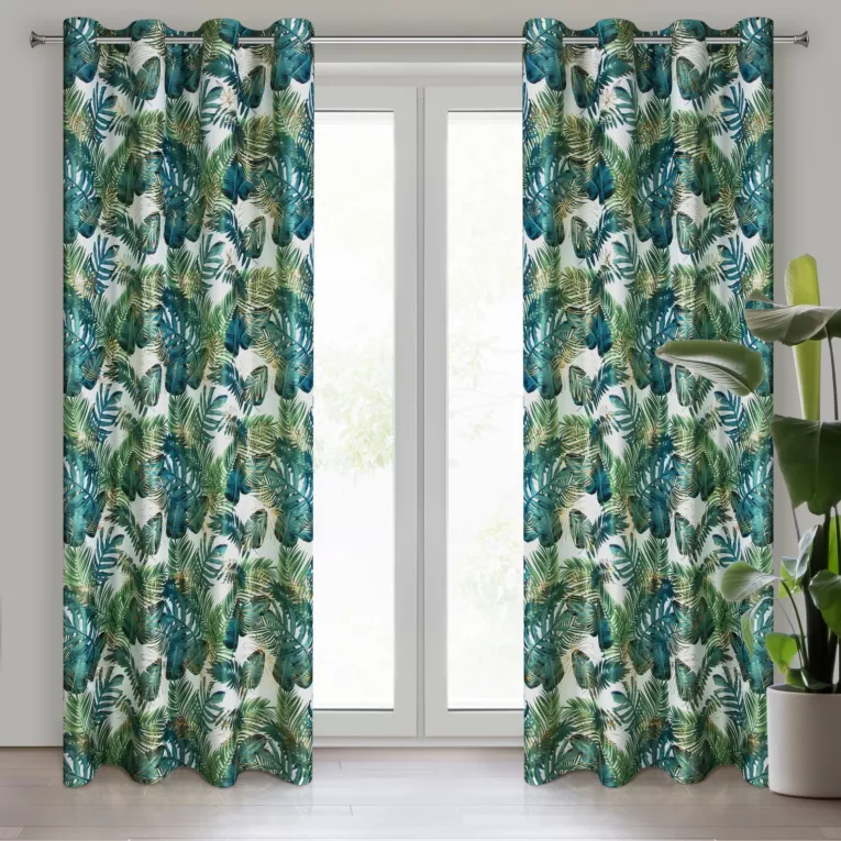 Zasłona biało, zielona z błyszczącym wzorem egzotycznych liści z welwetu 140x250 cm przelotka DAVOS  Eurofirany