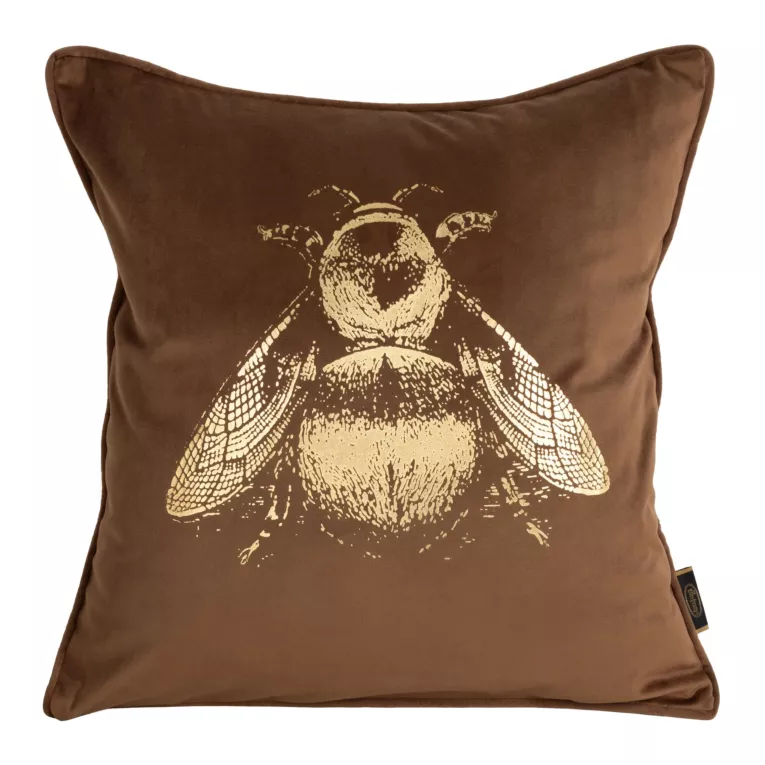 Poszewka na poduszkę 45x45 cm welwetowa dwustronna z nadrukiem złocistej pszczoły, tył z tkaniny o strukturze lnu jasnobrązowa BLINK 41 Eurofirany