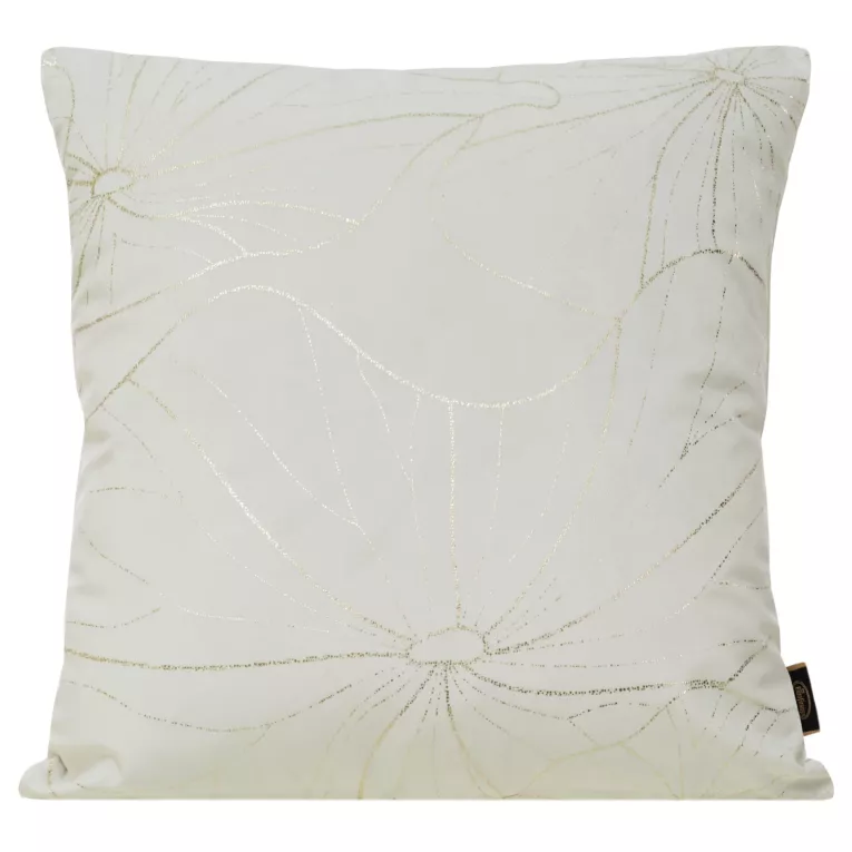 Poszewka na poduszkę 45x45 cm welwetowa z delikatnymi jasnozłotymi liśćmi lilii wodnej biała BLINK 25 Eurofirany