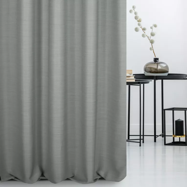 Zasłona szyta na flexach szara z miękkiej tkaniny o naturalnym splocie w stylu ekologicznym