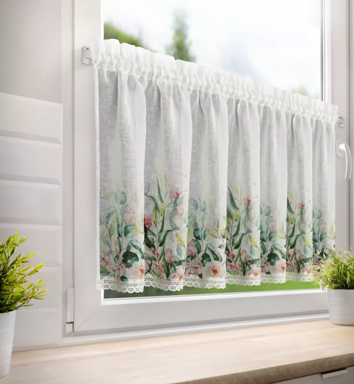 Zazdrostka biało, zielona z etaminy z zdobiona nadrukiem kwiatów i koronką 150x60 cm tunel ESTERA Eurofirany