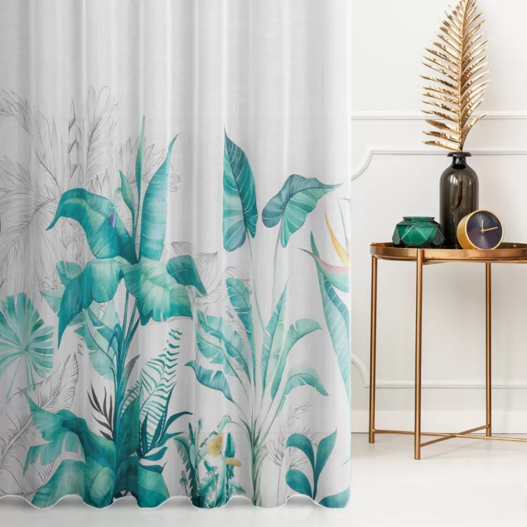 Tkanina firanowa etamina z nadrukiem egzotycznych liści zakończona szwem obciążającym Eurofirany