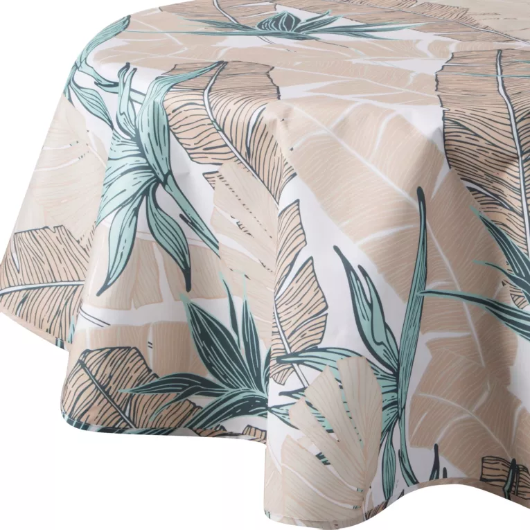 Obrus okrągły beżowo, turkusowy średnica 150 cm wodoodporny GARDEN na taras oraz balkon z motywem liści bananowca
