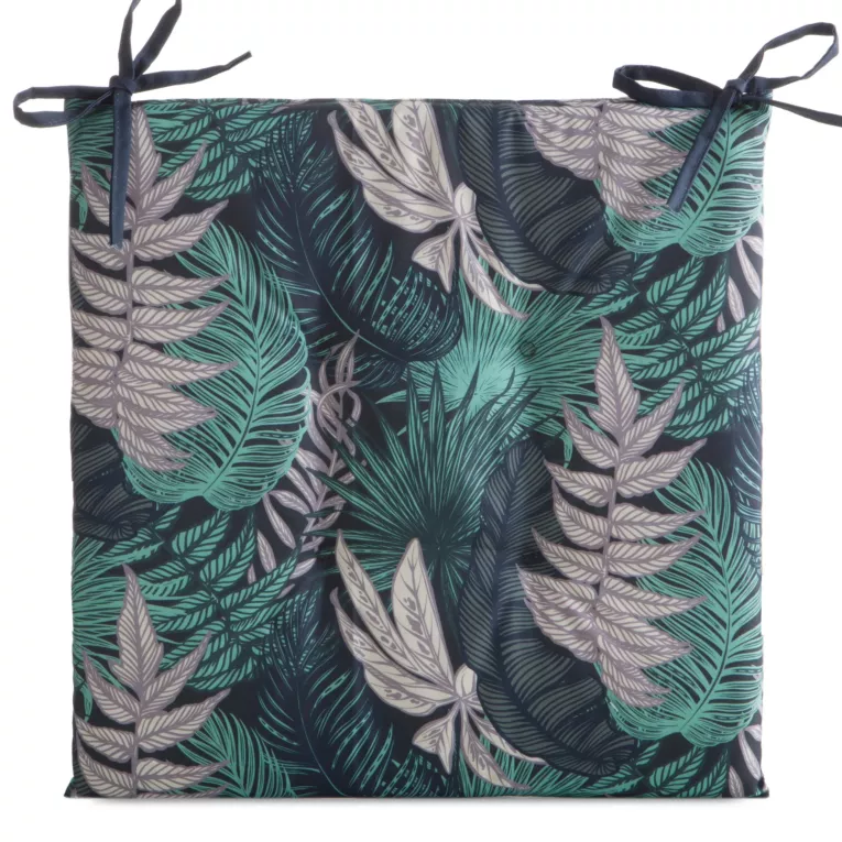 Poduszka na krzesło 43 x 43 x 4 cm wodoodporna granatowo, turkusowa zdobione motywem botanicznym GARDEN Eurofirany