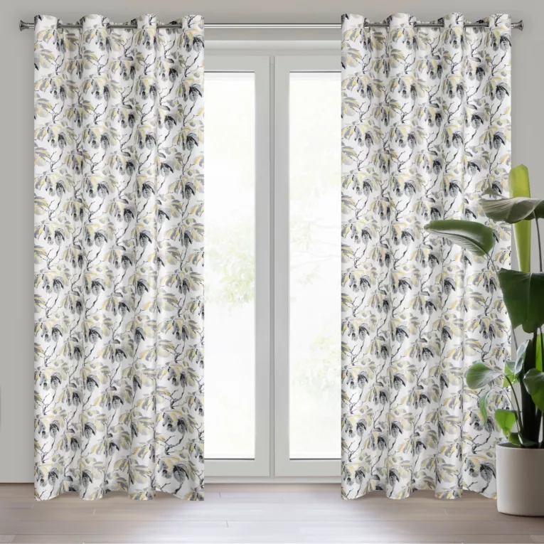 Zasłona biało, szara w liście kasztanowca z welwetu 140x250 przelotka MELISA Eurofirany