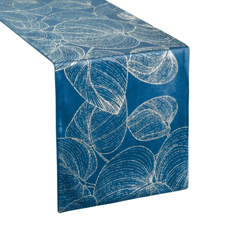Bieżnik na stół granatowo, złocisty 35x140 cm welwetowy BLINK 16 z dużym wzorem liści