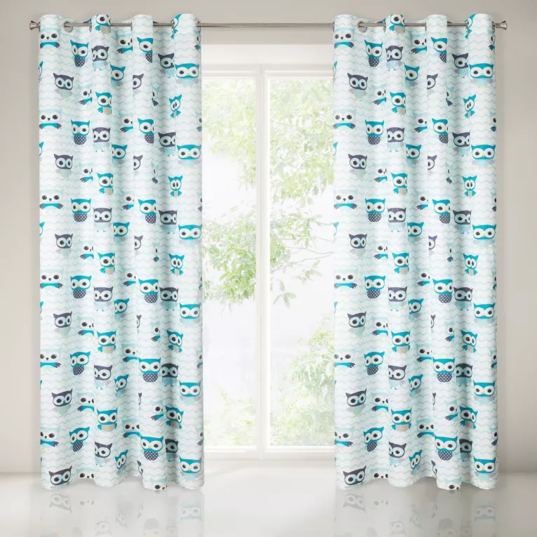 Merry biała zasłona do pokoju dziecięcego w niebieskie sowy 140x250 cm na przelotkach Eurofirany