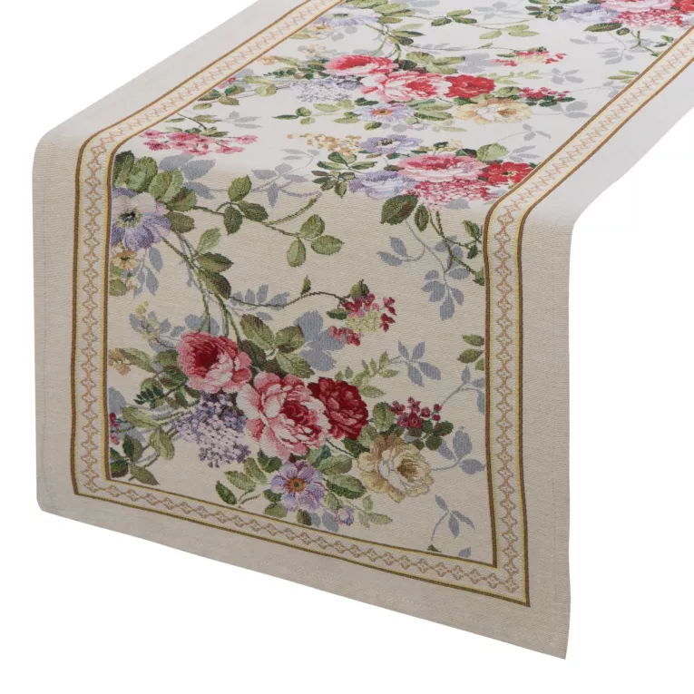 Bieżnik na stół naturalno, różowy 45x140 cm gobelinowy zdobiony motywem kwiatów