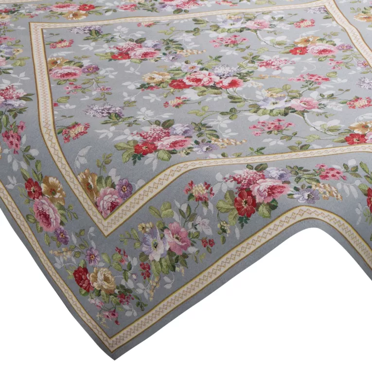 Obrus popielato, czerwony 100x100 cm gobelinowy zdobiony motywem kwiatów