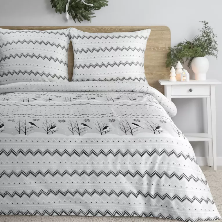 Pościel świąteczna 220x200 cm z satyny bawełnianej, kolor biały, stalowy zdobiona subtelnym nadrukiem TASHA Eurofirany