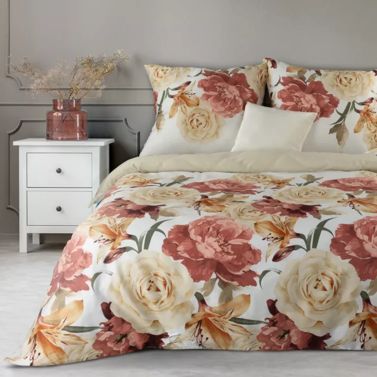 Pościel 160x200 bawełniana kolor pomarańczowy, biały wzór kwiatowy SPRING 5 Eurofirany