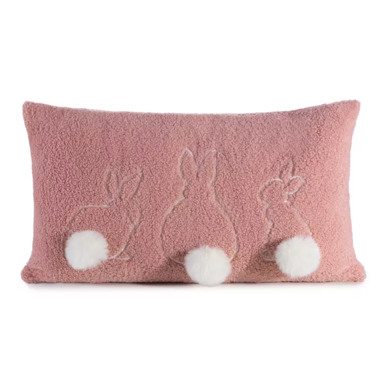 Poszewka na poduszkę 30x50 cm z tkaniny typu bukla i uroczym haftem z pomponami pudrowo, biała WIOSNA 53 Eurofirany