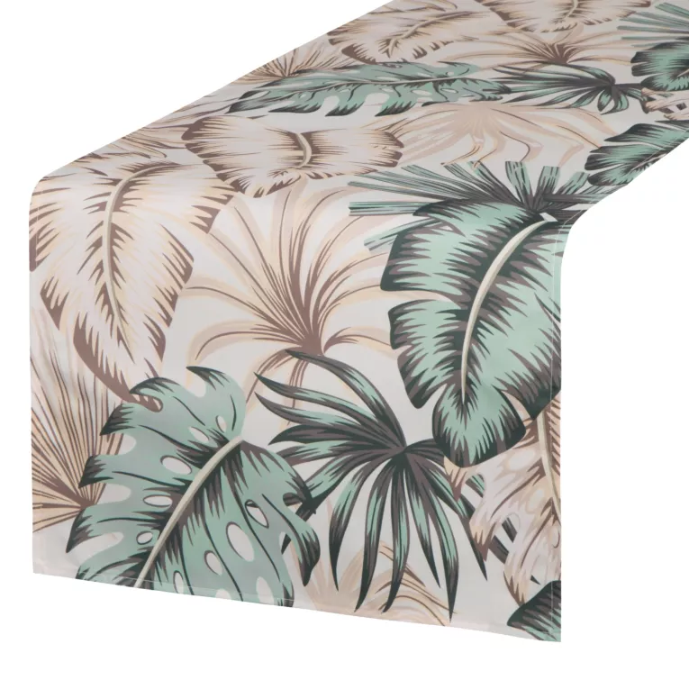 Bieżnik na stół kremowo, zielony 40x140 cm wodoodporny GARDEN na taras oraz balkon z motywem egzotycznych liści