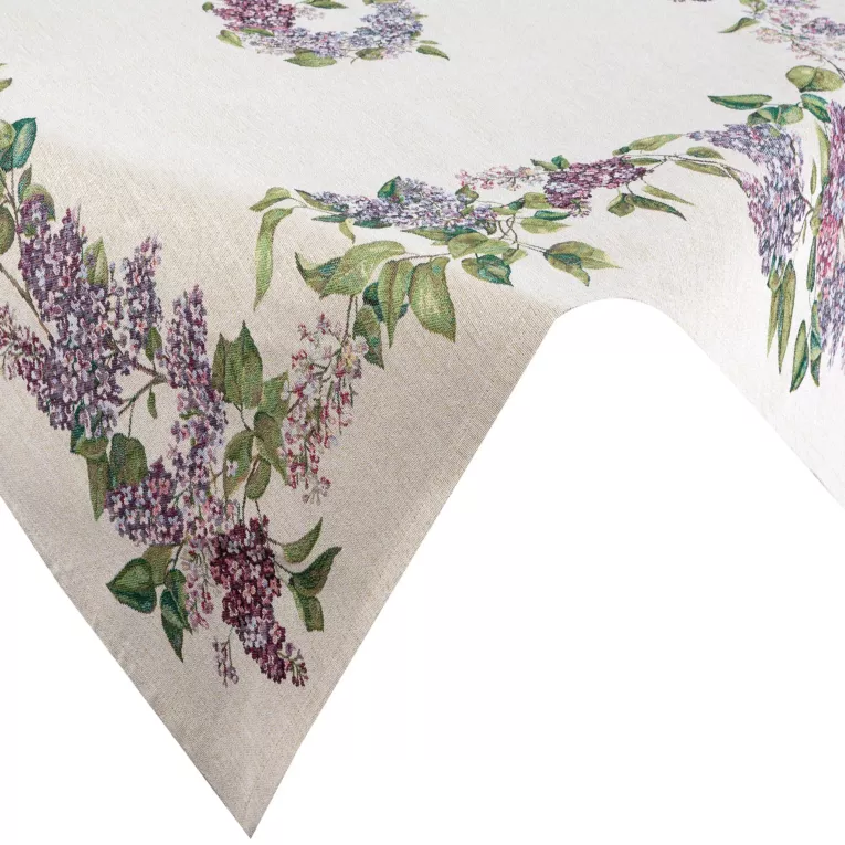 Obrus na stół naturalno, fioletowy 100x100 cm gobelinowy zdobiony motywem bzu Eurofirany