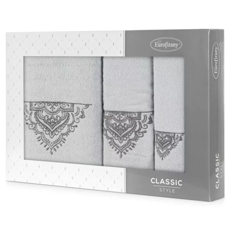 Zestaw ręczników bawełnianych 3 szt kolor srebrny, stalowy z haftem 400 g/m2 LAURA Eurofirany