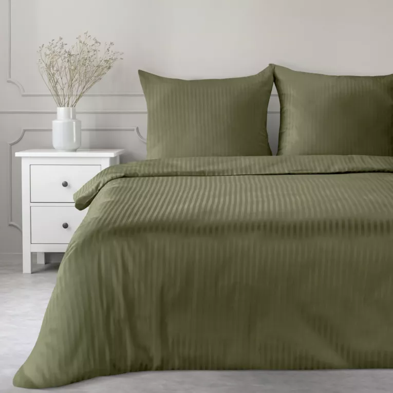 Pościel 160x200 cm satyna bawełniana kolor oliwkowy w drobne prążki VERA Eurofirany