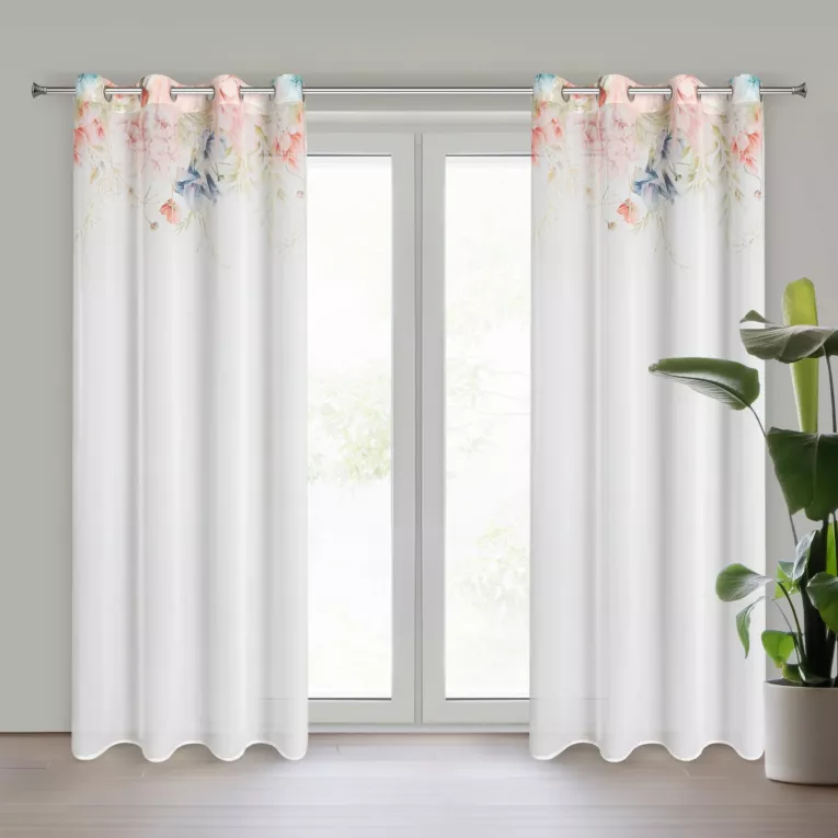 Zasłona biało, różowa zdobiona wzorem botanicznym z etaminy 135x250 przelotka ARLENA Eurofirany