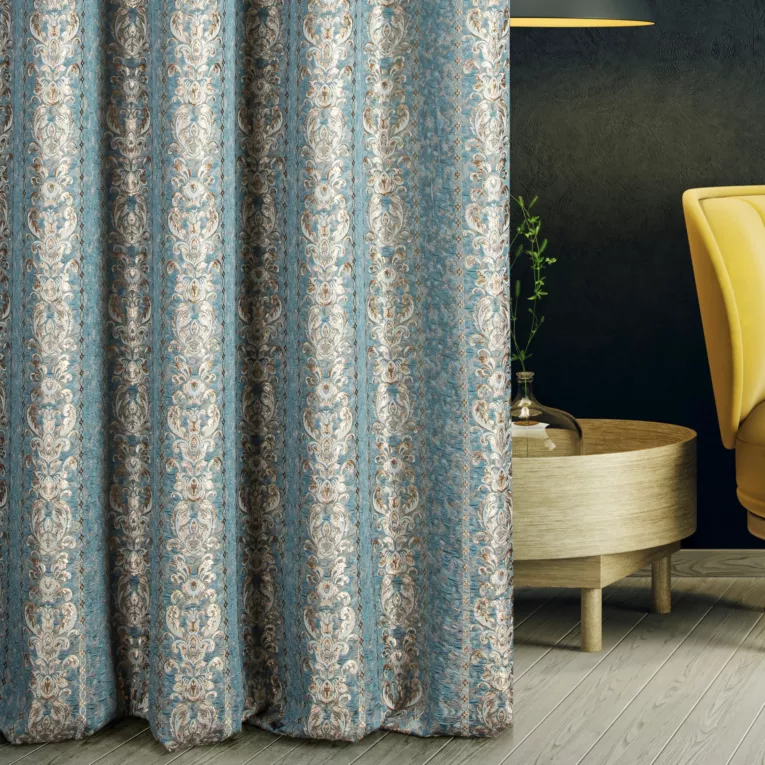 Zasłona szyta na taśmie fala ANKARA turkusowo złocista elegancka z pasami ornamentowego wzoru i połyskliwą nicią lureksową