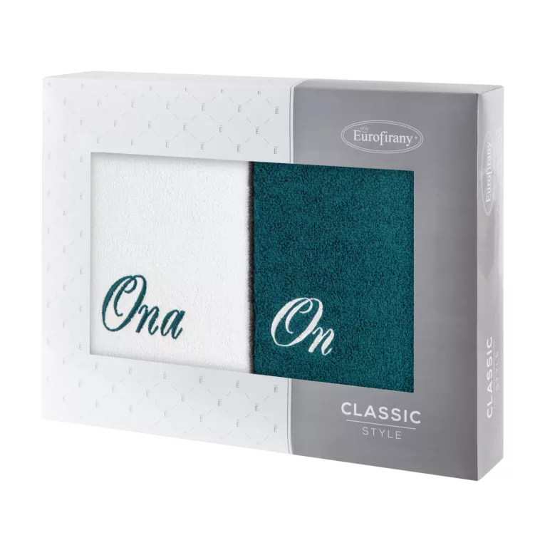 Zestaw ręczników bawełnianych 2 szt 70x140 cm z haftem ONA I ON kolor biały, turkusowy 400 g/m2 Eurofirany