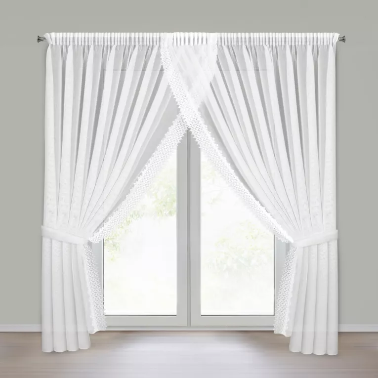 Firana biała z etaminy zdobiona koronką 400x250 cm troczek w zestawie, taśma - HESTIA Eurofirany