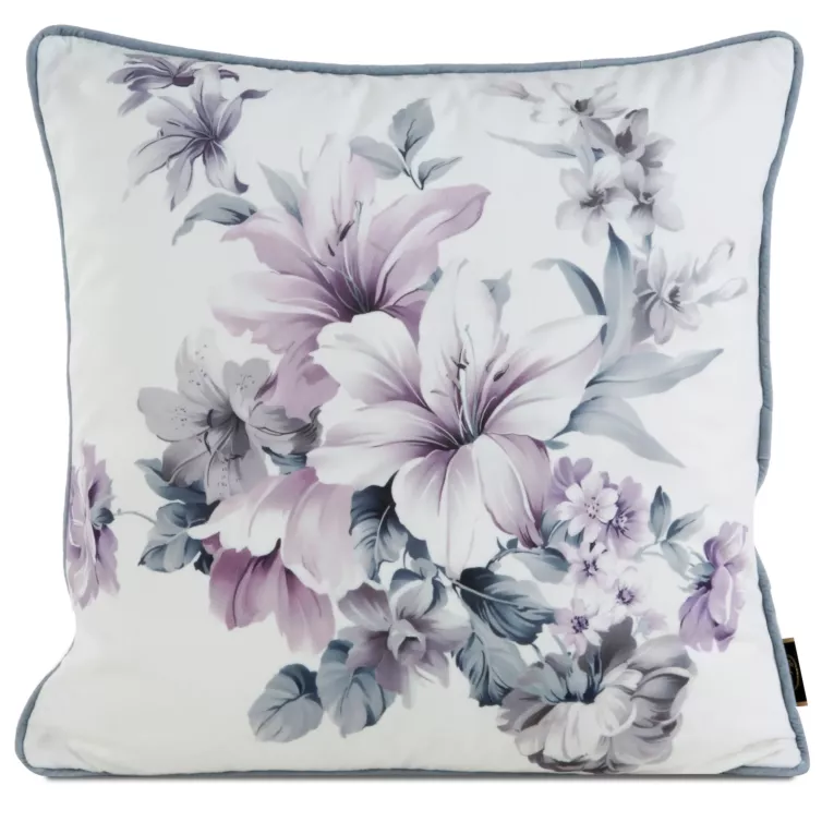 Poszewka na poduszkę 45x45 cm welwetowa, dwustronna z motywem kwiatów z wypustką na brzegach kremowo, fioletowa EUROFIRANY PREMIUM