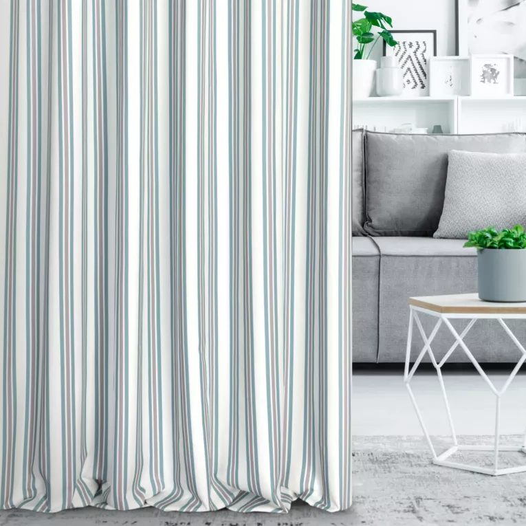 Zasłona szyta na taśmie fala jasnokremowo turkusowa z tkaniny o naturalnym splocie z nadrukowanym wzorem w pasy