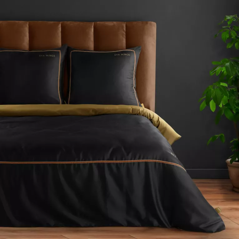 Pościel 220x200 cm z makosatyny bawełnianej kolor czarny, złoty z tasiemką welwetową EVA 9 Eva Minge Eurofirany