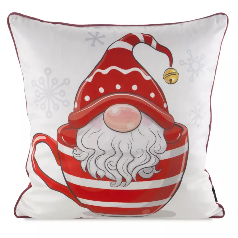 Poszewka na poduszkę świąteczna 45x45 cm biało, czerwona zdobiona nadrukiem mikołaja i elegancką wypustką Eurofirany