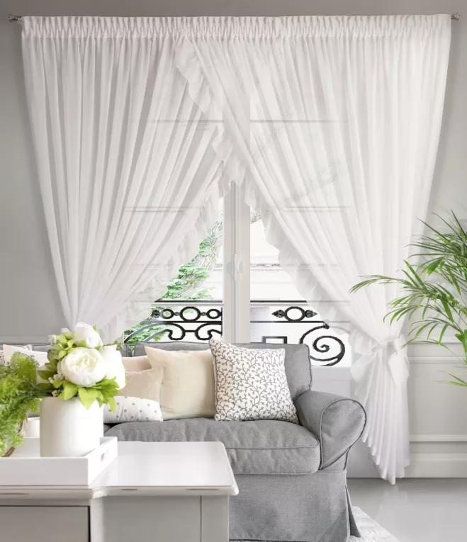 Firana ALISA na okno balkonowe podpinana z ozdobnymi falbanami Eurofirany